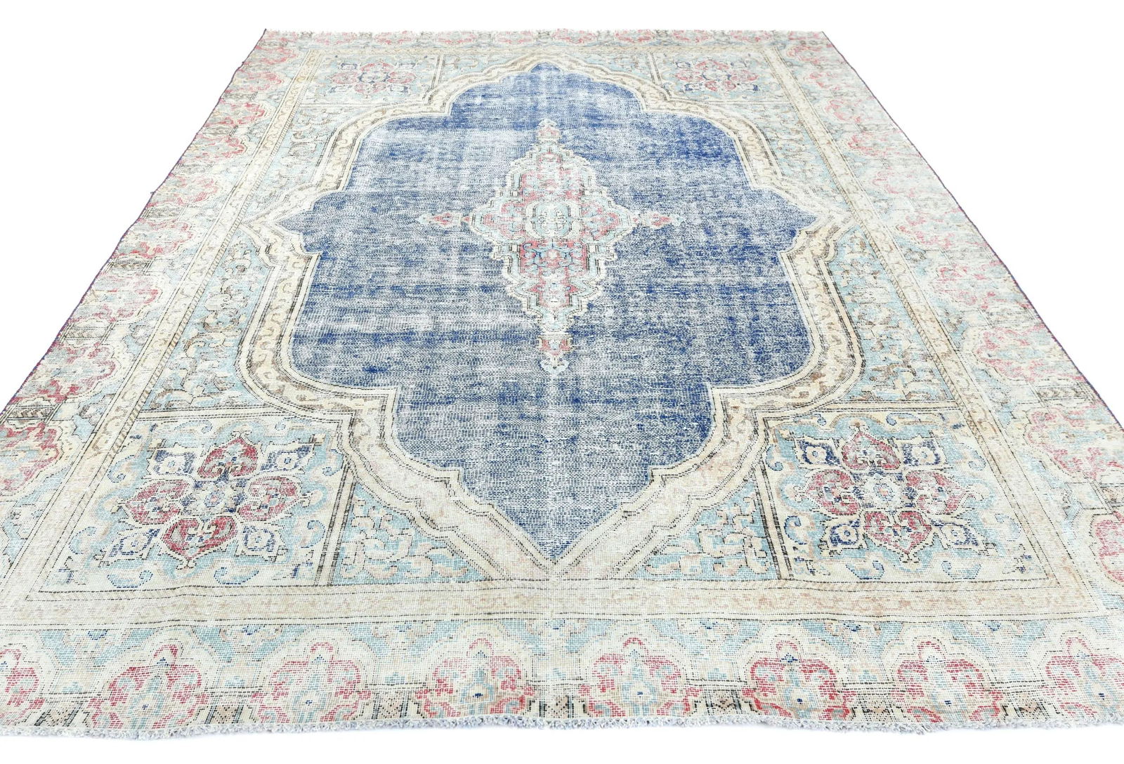 Muted Navy Blue Floral 7X9 Distressed Vintage Oriental Rug - 2