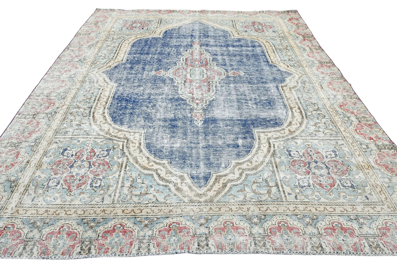 Muted Navy Blue Floral 7X9 Distressed Vintage Oriental Rug - 9