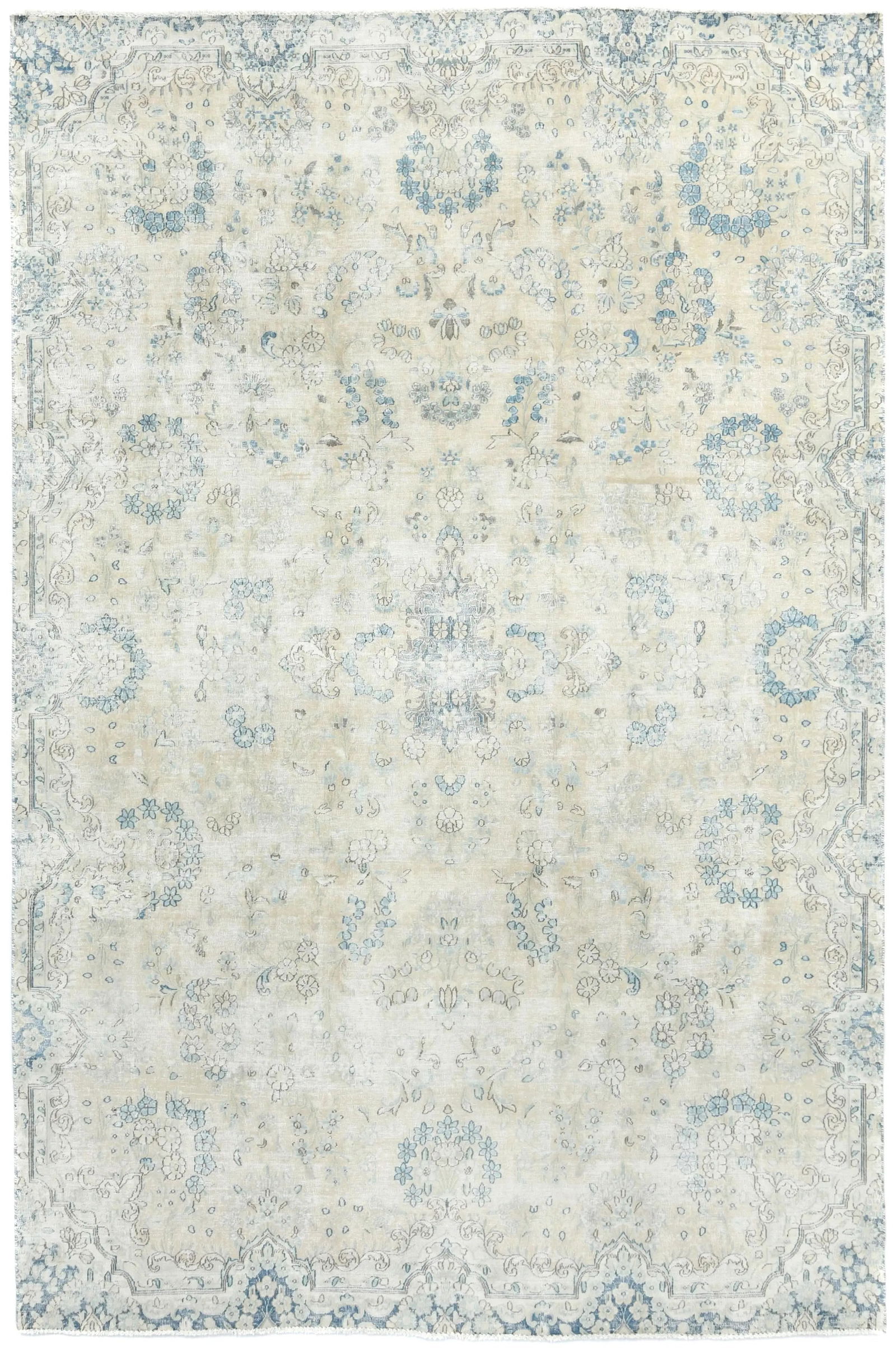 Muted Beige Floral 7'5X11 Distressed Vintage Oriental Rug: Title:Muted Beige Floral 7'5X11 Distressed Vintage Oriental Rug Description:Handmade antique 7'5X11 Beige Oriental rug made with vegetable dyes (fine wool pile and cotton foundation), superior knot co