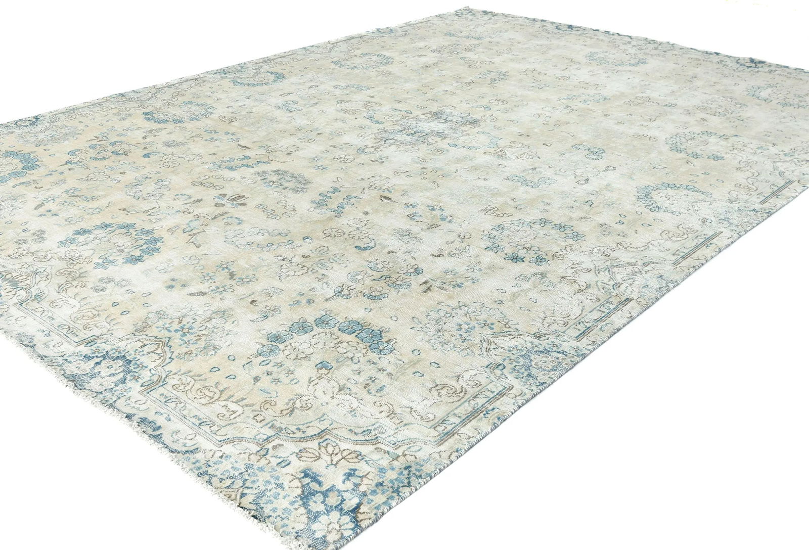 Muted Beige Floral 7'5X11 Distressed Vintage Oriental Rug - 3