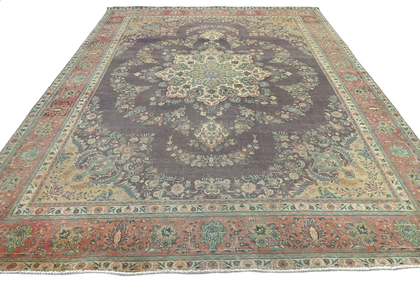 Semi Antique Muted Plum Floral 10X13 Distressed Vintage Oriental Rug - 8