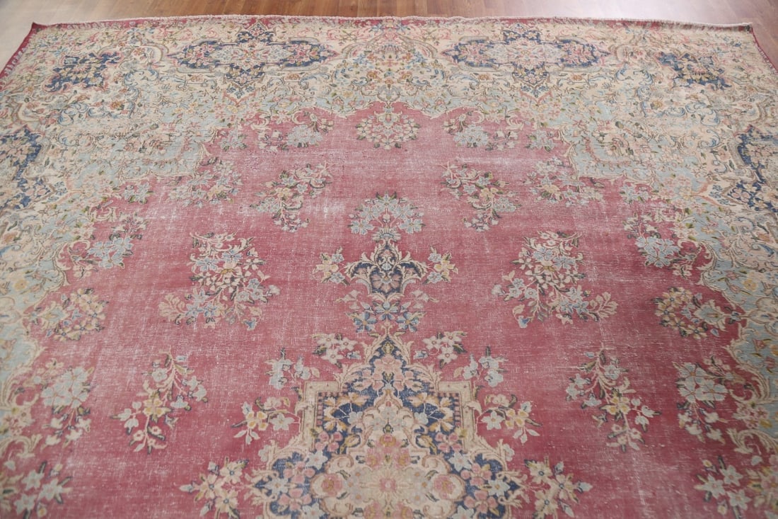 Antique Distressed Kerman Persian Wool Rug 10x12 - 15