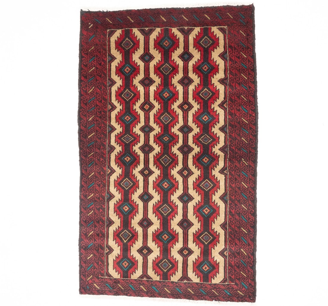 Vintage Beige Tribal 3'6X5'8 Balouch Persian Rug: Title:Vintage Beige Tribal 3'6X5'8 Balouch Persian Rug Description:Handmade vintage 3'6X5'8 beige Persian rug made with vegetable dyes (fine wool pile and cotton foundation), superior knot count, and