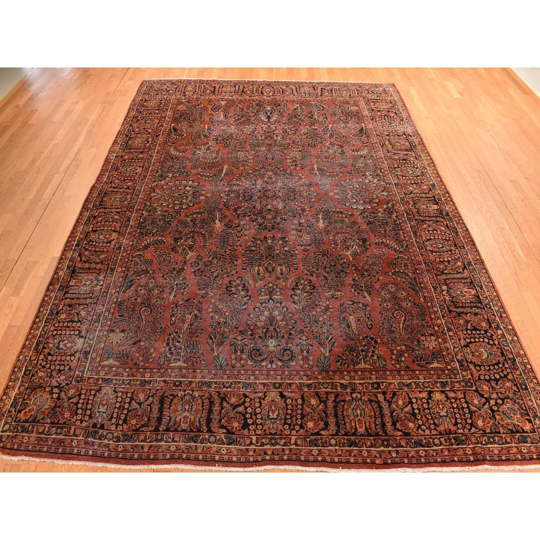 Cinnamon Red Antique Persian Sarouk Clean Hand Knotted Soft Wool Rug - 2