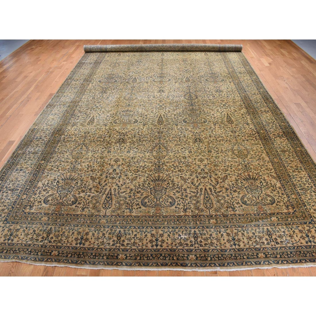 Brown, Antique Indo Kerman Hand Knotted Wool 250 KPSI Runnner Rug - 2