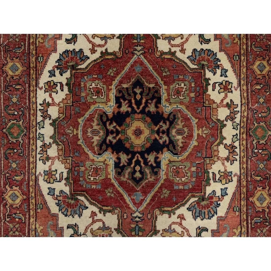 Chiffon Ivory Antiqued Fine Heriz Re-Creation Hand Knotted Wool Rug - 5