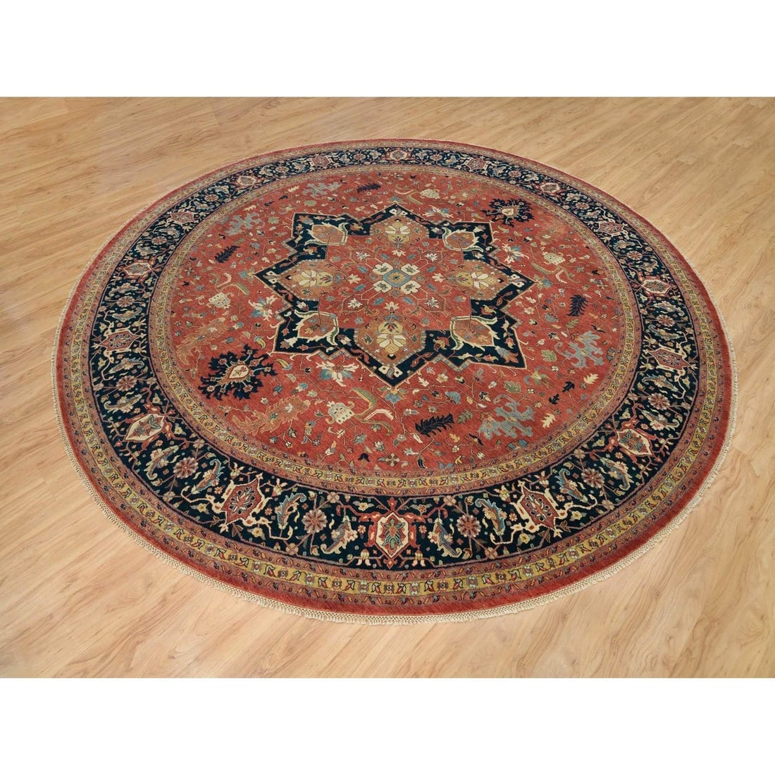 Red Hand Knotted Antiqued Fine Heris Re-Creation 100% Wool Round Rug - 3