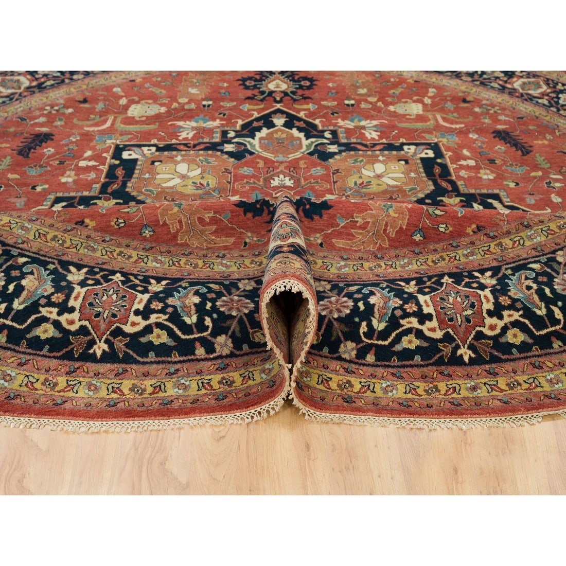 Red Hand Knotted Antiqued Fine Heris Re-Creation 100% Wool Round Rug - 5