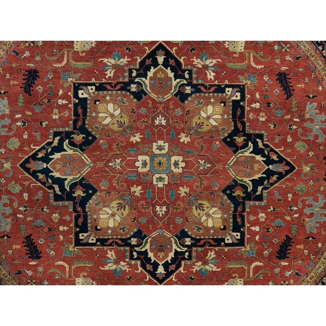 Red Hand Knotted Antiqued Fine Heris Re-Creation 100% Wool Round Rug - 8