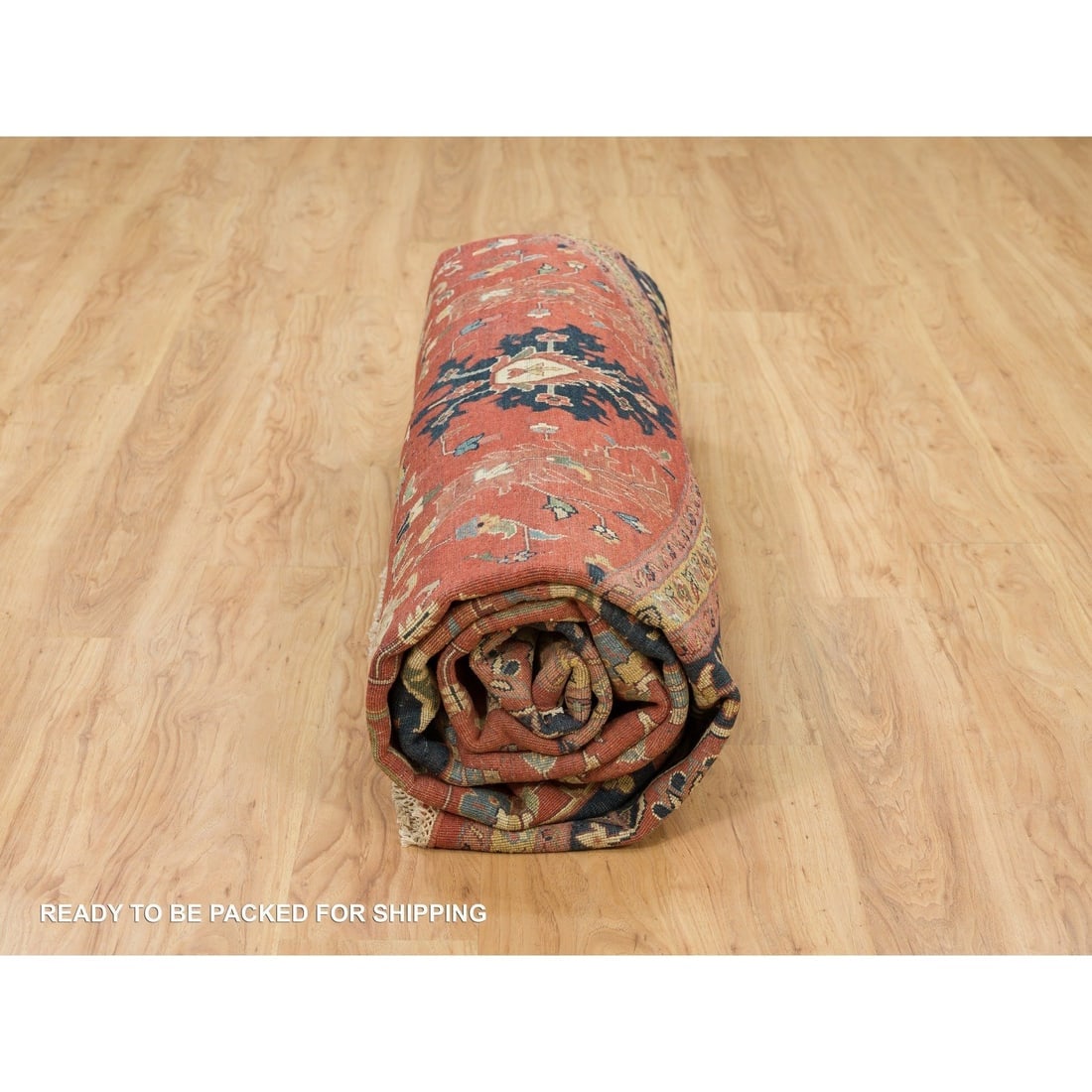 Red Hand Knotted Antiqued Fine Heris Re-Creation 100% Wool Round Rug - 9