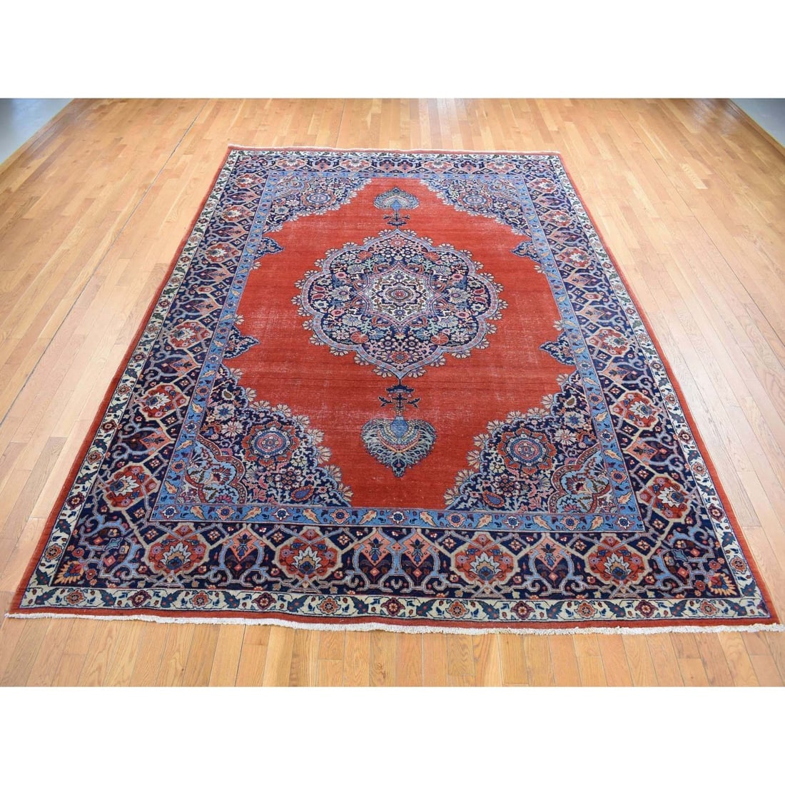 Orange Antique Persian Tabriz Medallion Design Hand Knotted Wool Rug - 2