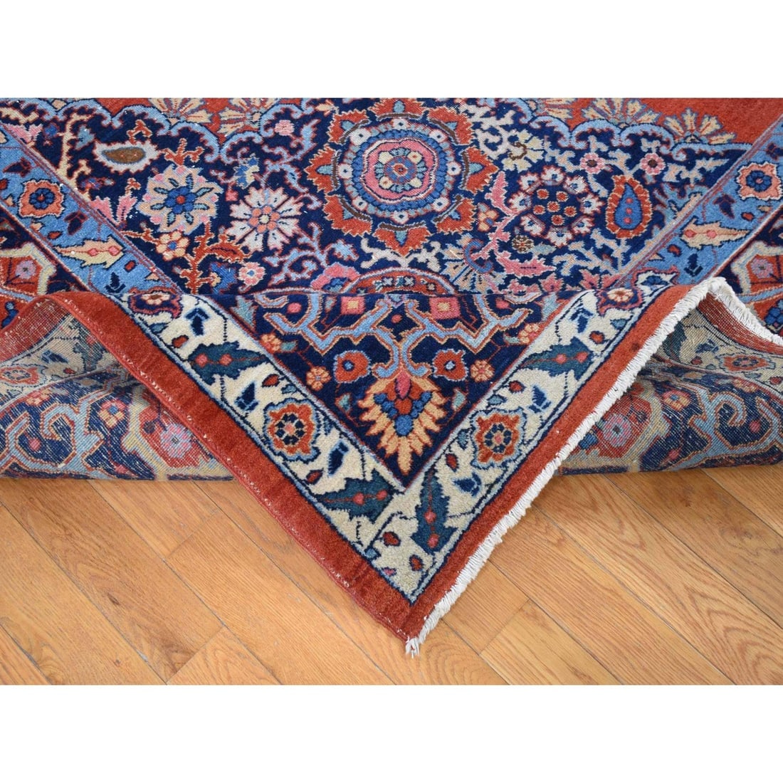 Orange Antique Persian Tabriz Medallion Design Hand Knotted Wool Rug - 5