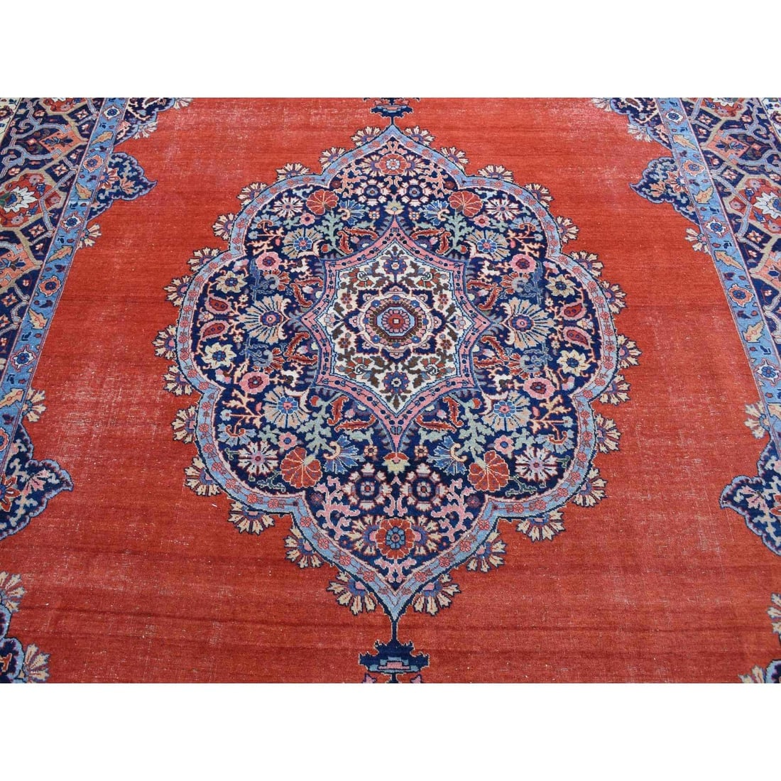 Orange Antique Persian Tabriz Medallion Design Hand Knotted Wool Rug - 8