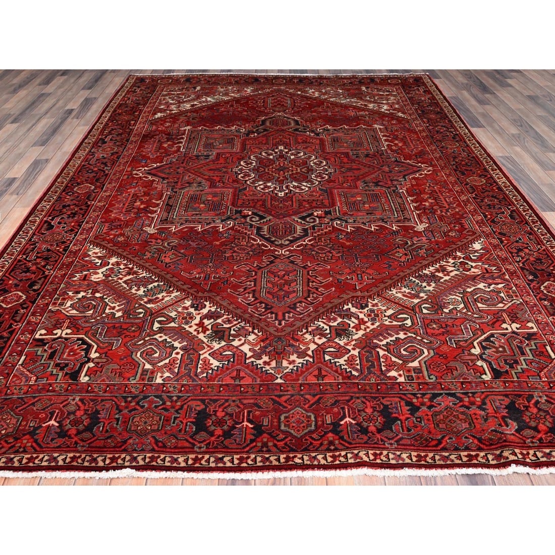 Garnet Red Antique Village Motifs Heris Wool Hand Knotted Oriental Rug - 2
