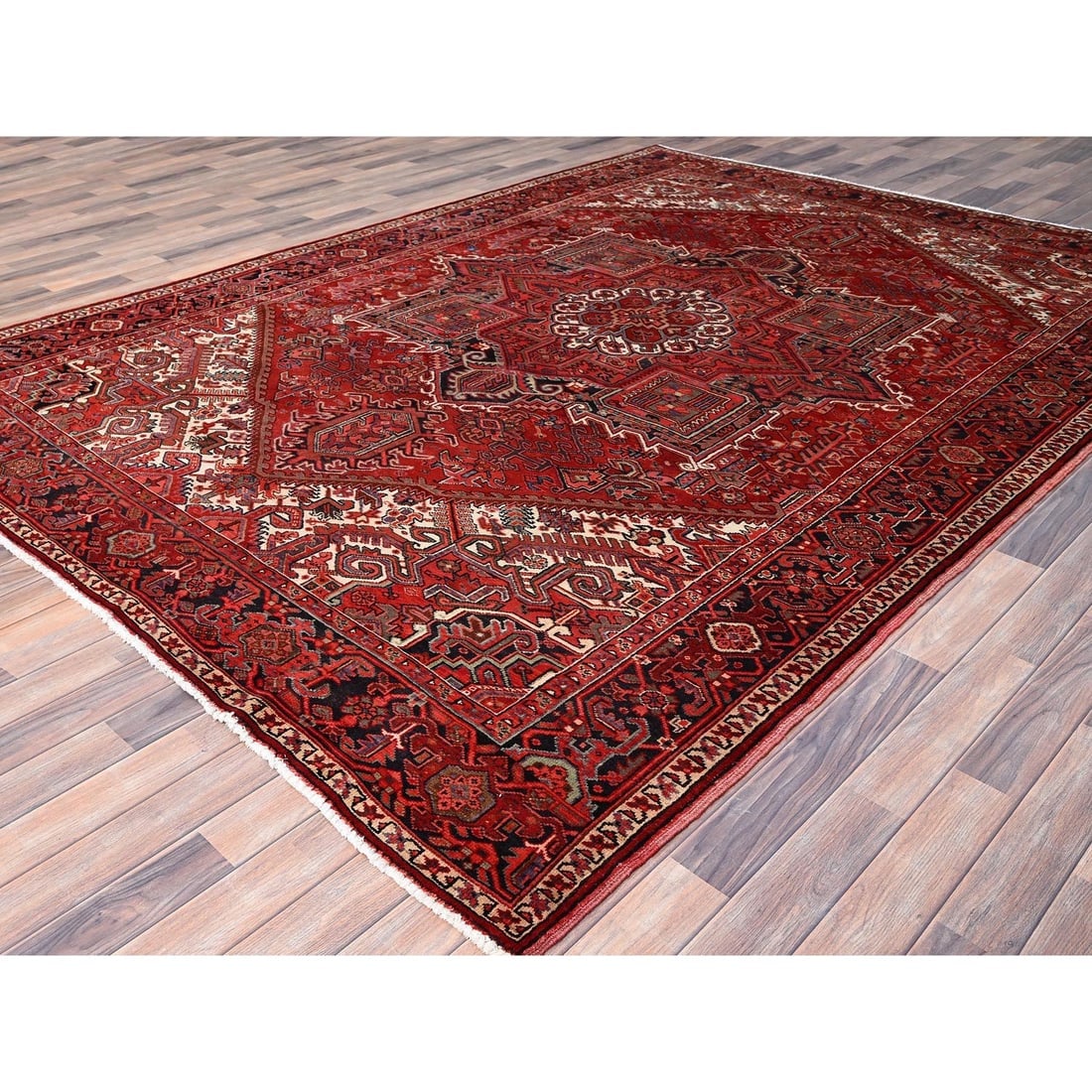 Garnet Red Antique Village Motifs Heris Wool Hand Knotted Oriental Rug - 3