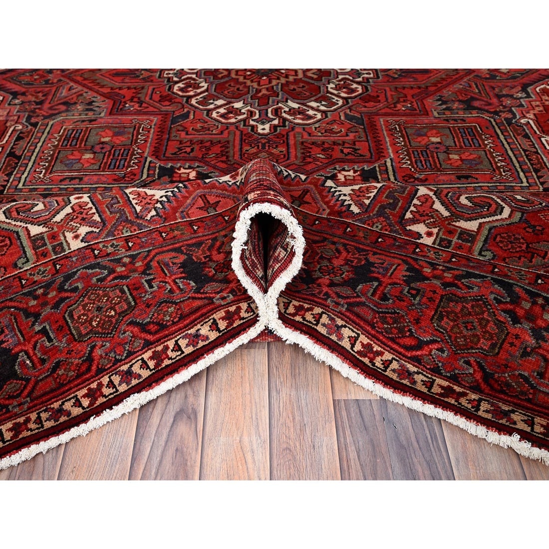 Garnet Red Antique Village Motifs Heris Wool Hand Knotted Oriental Rug - 5