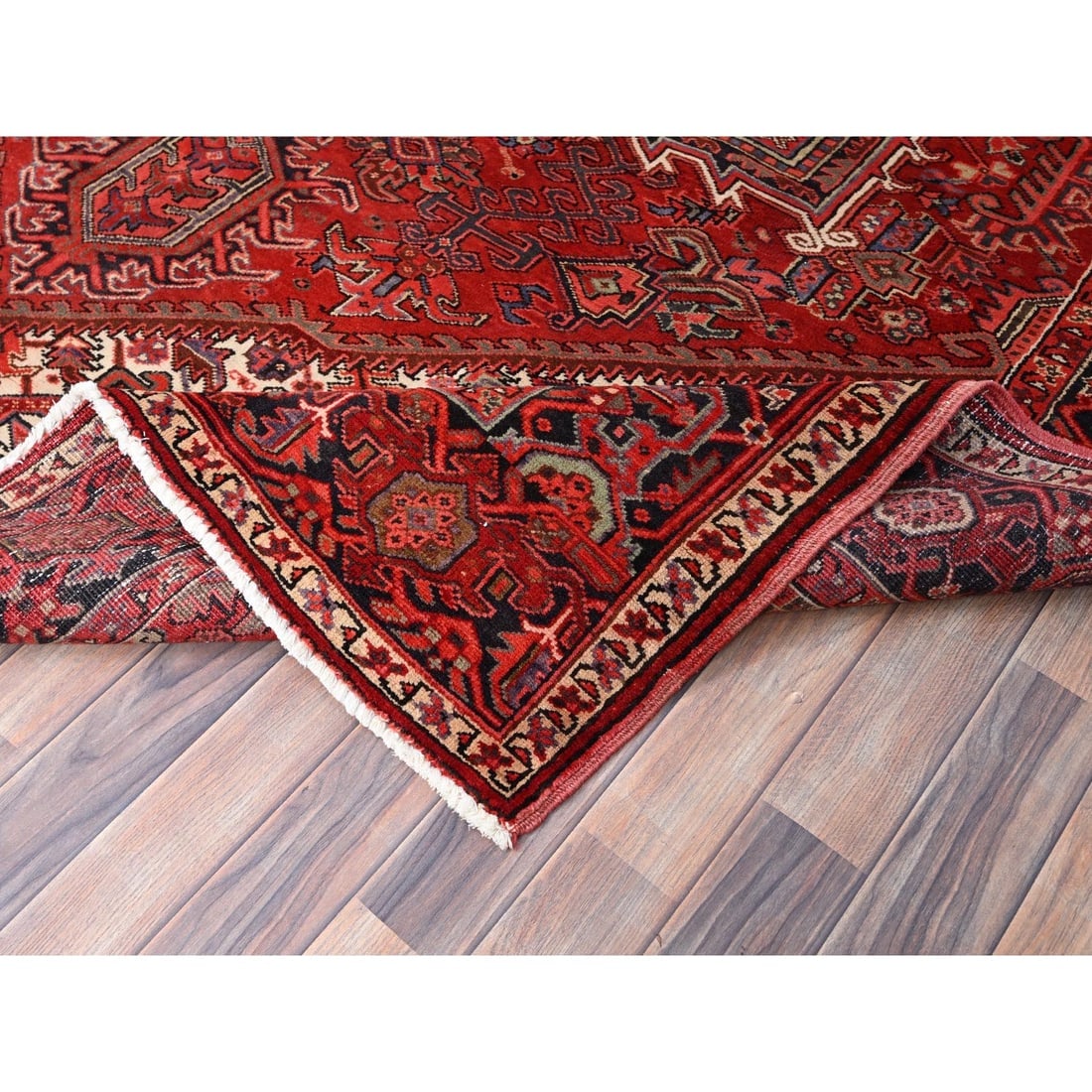 Garnet Red Antique Village Motifs Heris Wool Hand Knotted Oriental Rug - 6
