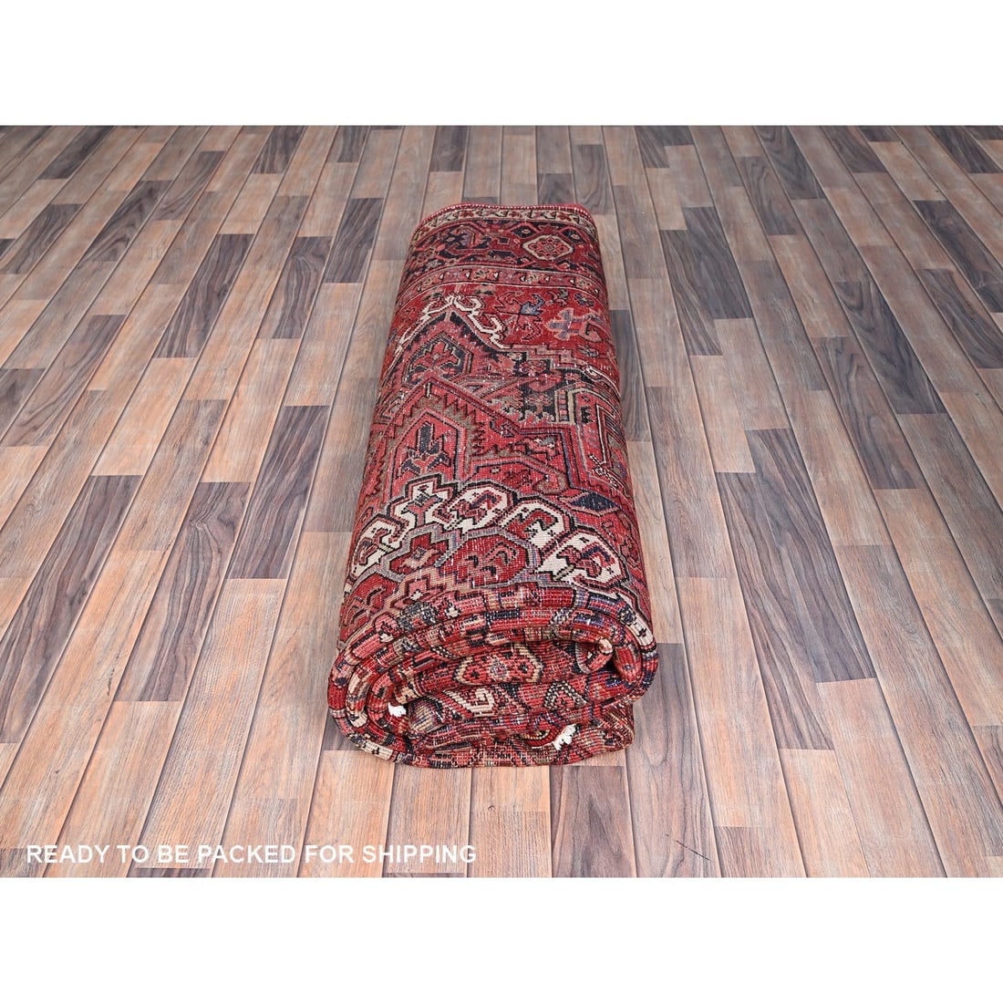 Garnet Red Antique Village Motifs Heris Wool Hand Knotted Oriental Rug - 9