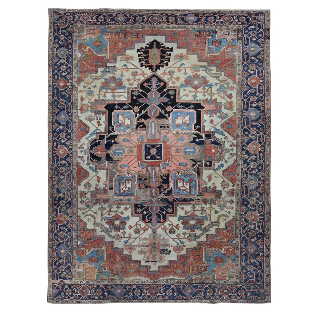Daisy White, Antique Persian Serapi Heriz, Hand Knotted, Pure Wool Rug: Title: Daisy White, Antique Persian Serapi Heriz, Hand Knotted, Pure Wool Rug Description: This is a truly genuine one-of-a-kind. It has been Knotted for months and months in the centuries-old weaving