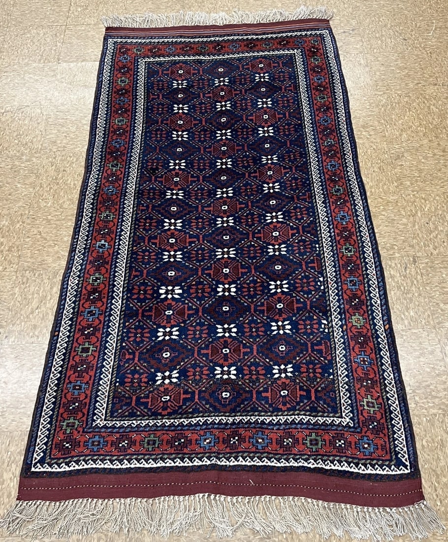 Antique Persian Balouch Tribal Rug Navy Hand-Knotted Wool Geometric 4' x 7'8" - 11