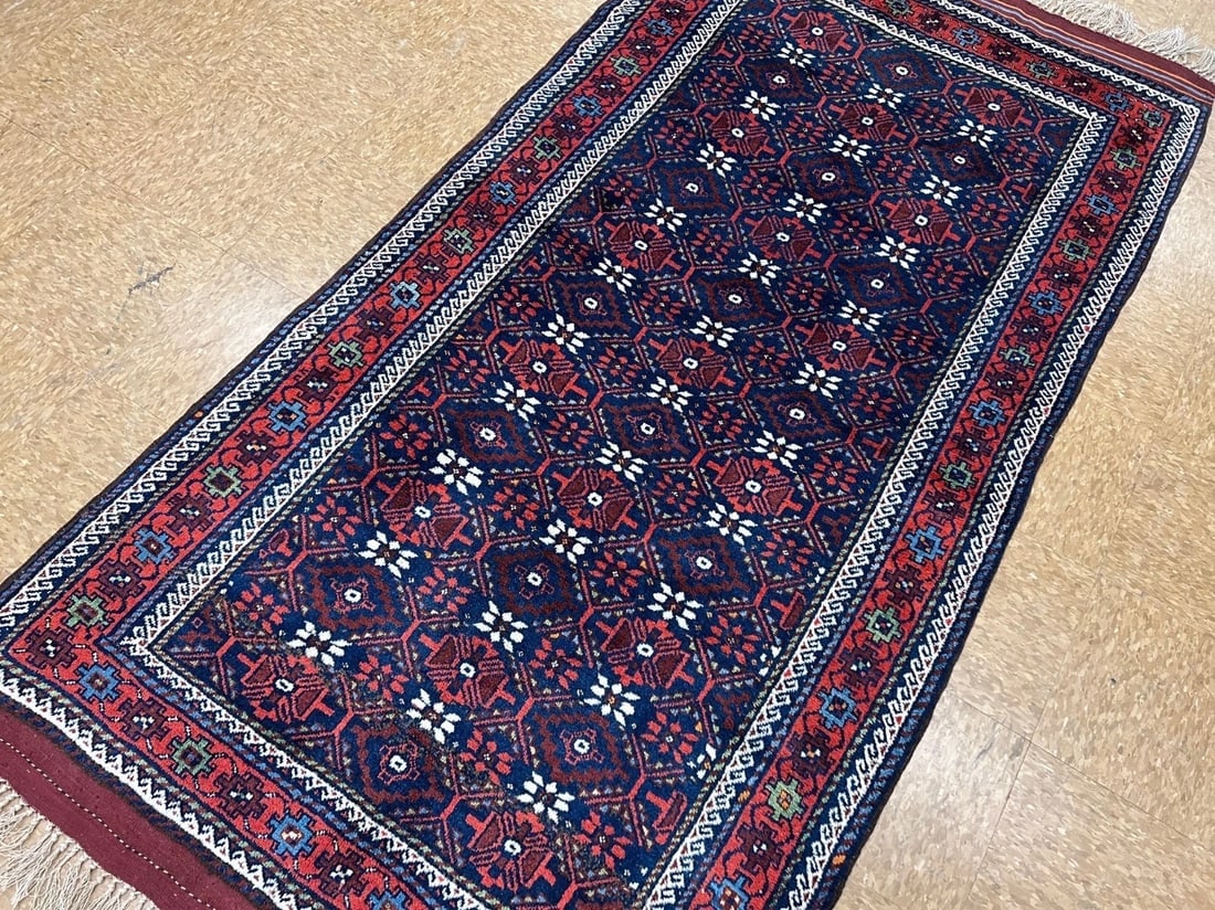 Antique Persian Balouch Tribal Rug Navy Hand-Knotted Wool Geometric 4' x 7'8" - 5