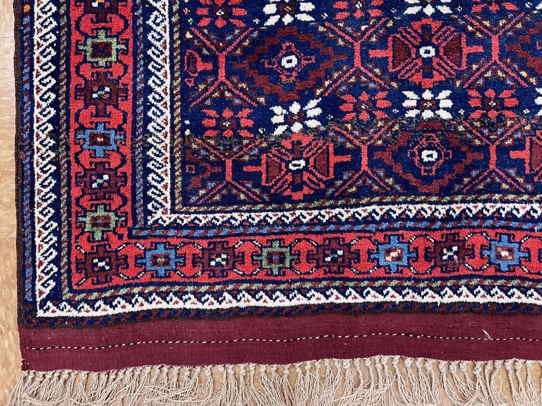 Antique Persian Balouch Tribal Rug Navy Hand-Knotted Wool Geometric 4' x 7'8" - 8