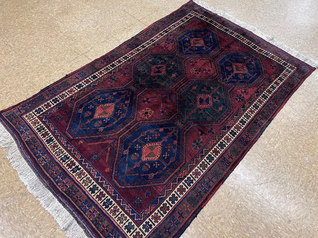 Hand-Knotted Antique Persian Afshar Maroon Wool Tribal Oriental Area Rug 4'2" x 6'5" - 9
