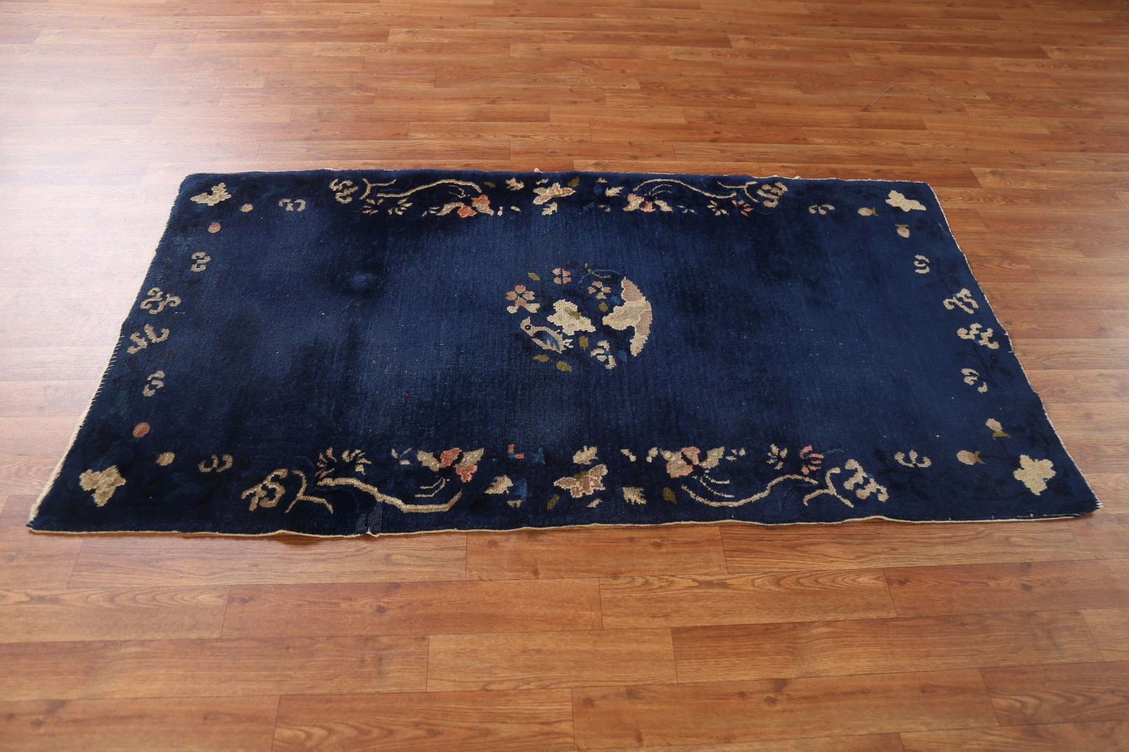 Blue Antique Art Deco Chinese Rug with Subtle Floral Pattern and Rich Details 3x6 - 15