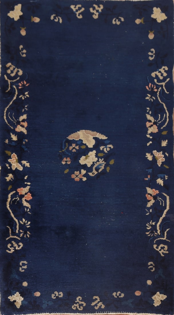 Blue Antique Art Deco Chinese Rug with Subtle Floral Pattern and Rich Details 3x6 (1 of 20)