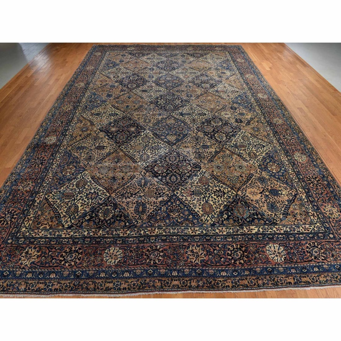 Ivory with Blue Antique Persian Kerman Soft Wool Hand Knotted Rug - 2