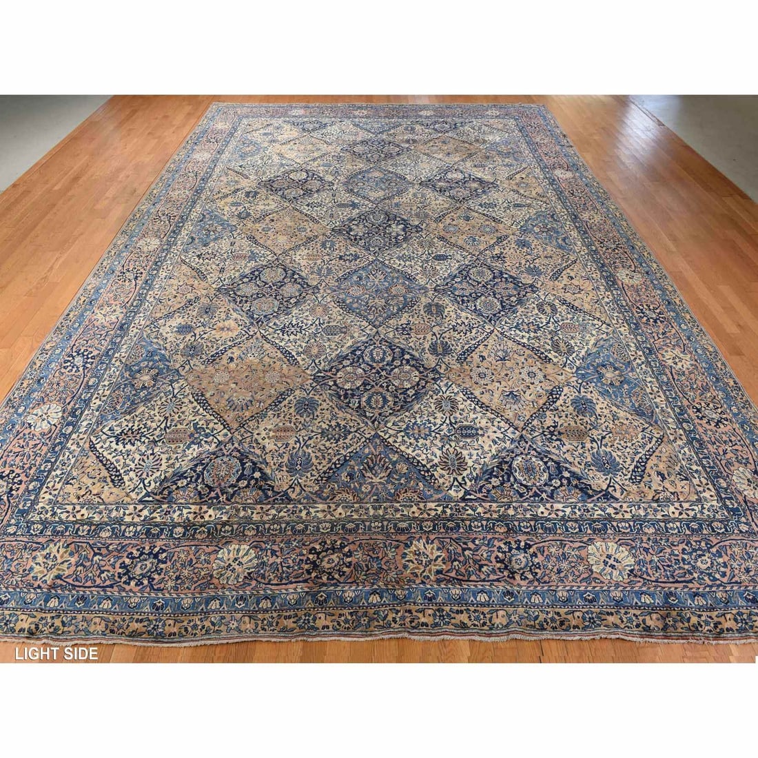 Ivory with Blue Antique Persian Kerman Soft Wool Hand Knotted Rug - 3