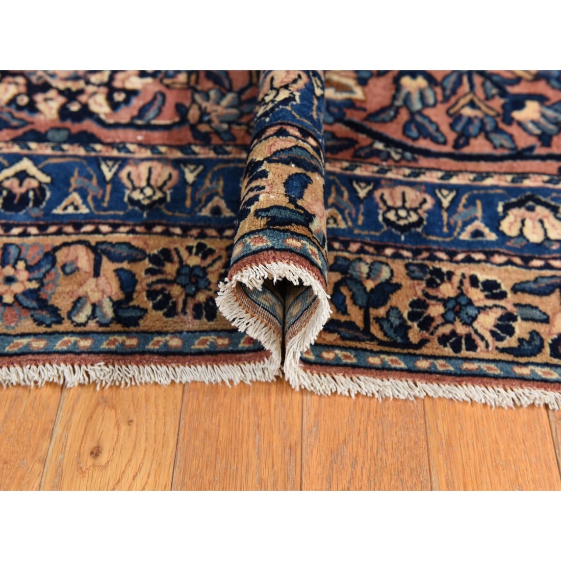 Ivory with Blue Antique Persian Kerman Soft Wool Hand Knotted Rug - 6