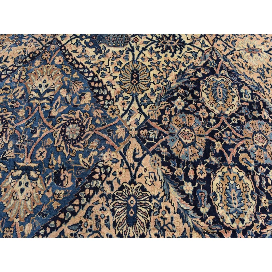 Ivory with Blue Antique Persian Kerman Soft Wool Hand Knotted Rug - 7