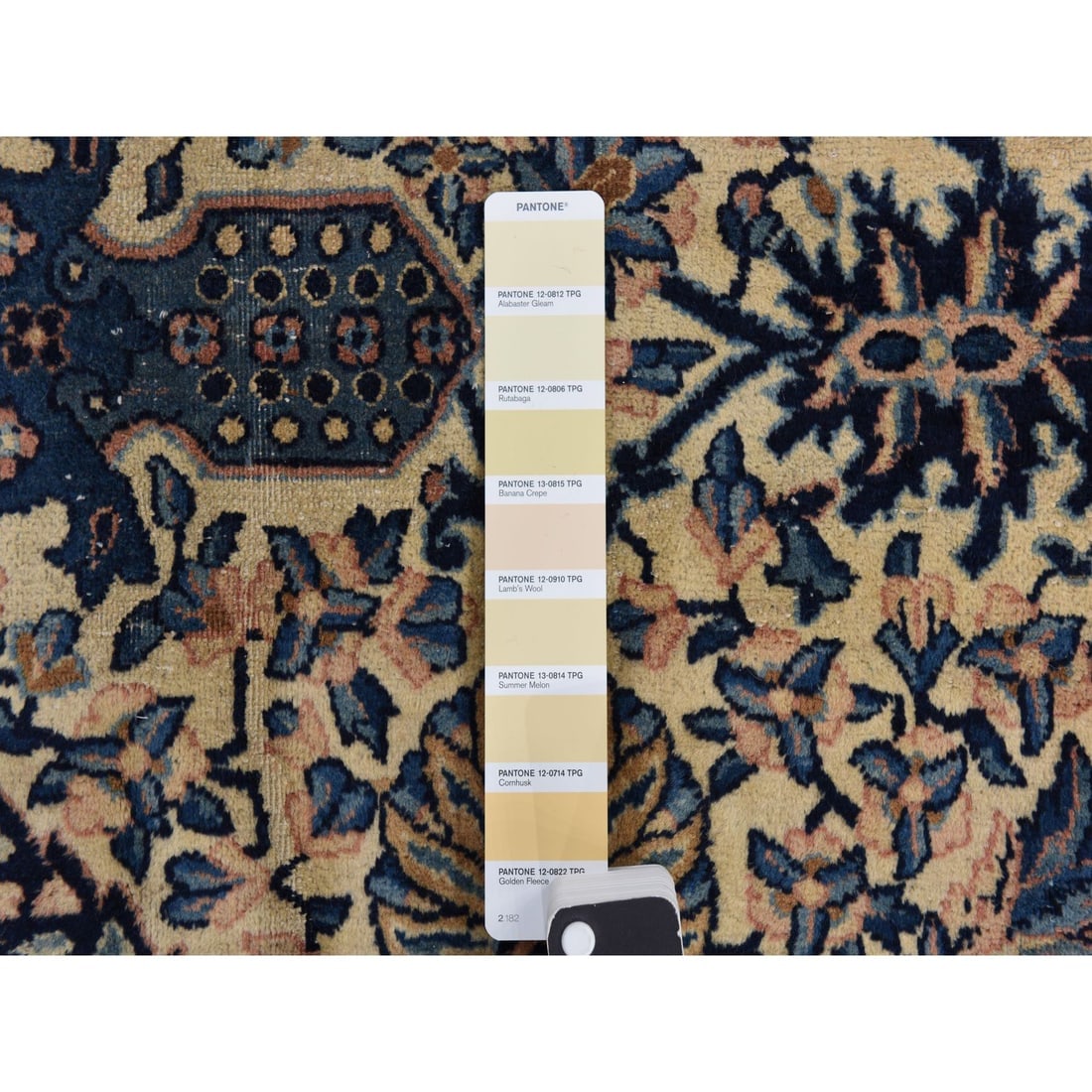 Ivory with Blue Antique Persian Kerman Soft Wool Hand Knotted Rug - 8