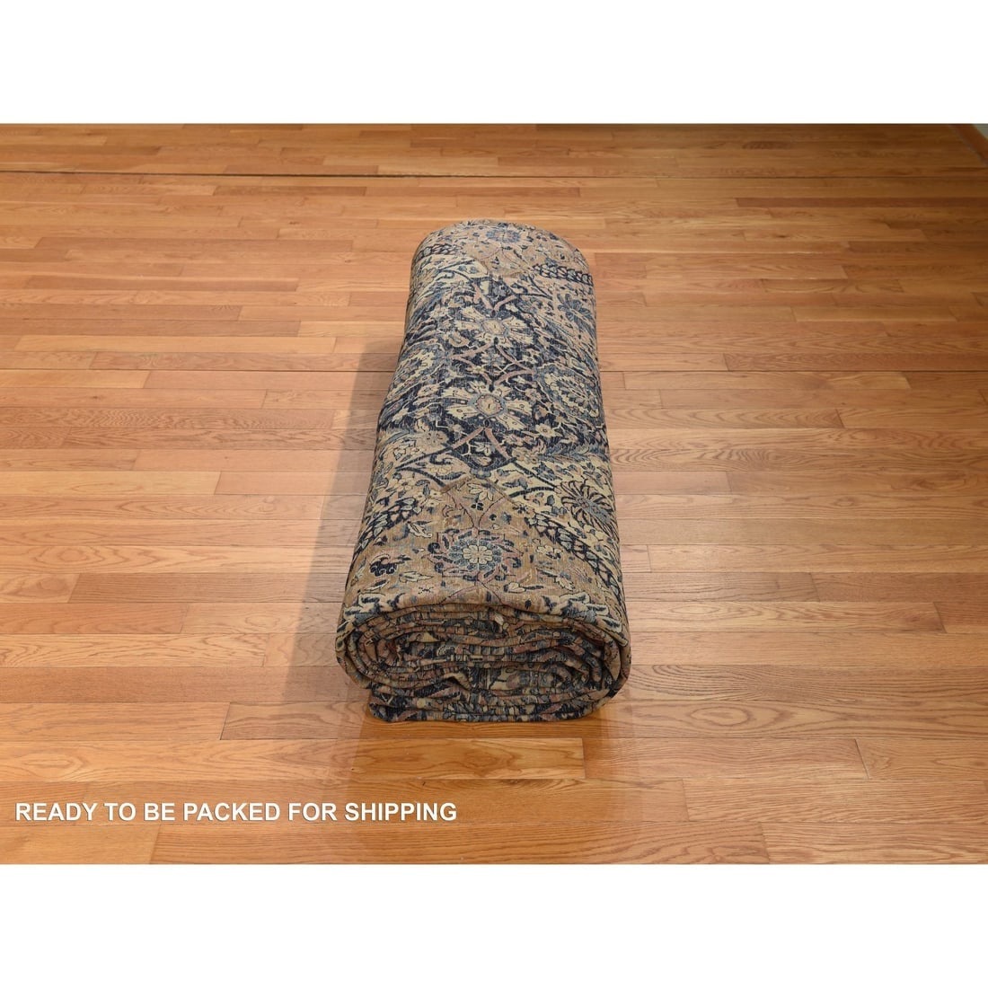 Ivory with Blue Antique Persian Kerman Soft Wool Hand Knotted Rug - 9