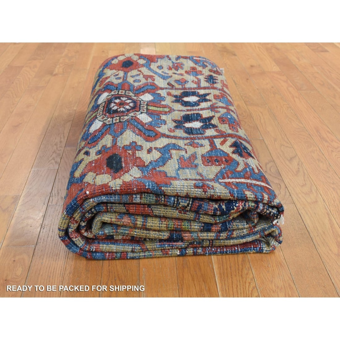 Beige, Antique Persian Heriz Pure Wool, Hand Knotted Rug - 9