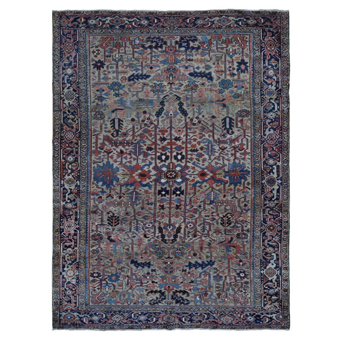Beige, Antique Persian Heriz Pure Wool, Hand Knotted Rug: Title: Beige, Antique Persian Heriz Pure Wool, Hand Knotted Rug Description: This is a truly genuine one-of-a-kind. It has been Knotted for months and months in the centuries-old weaving craftsmanship