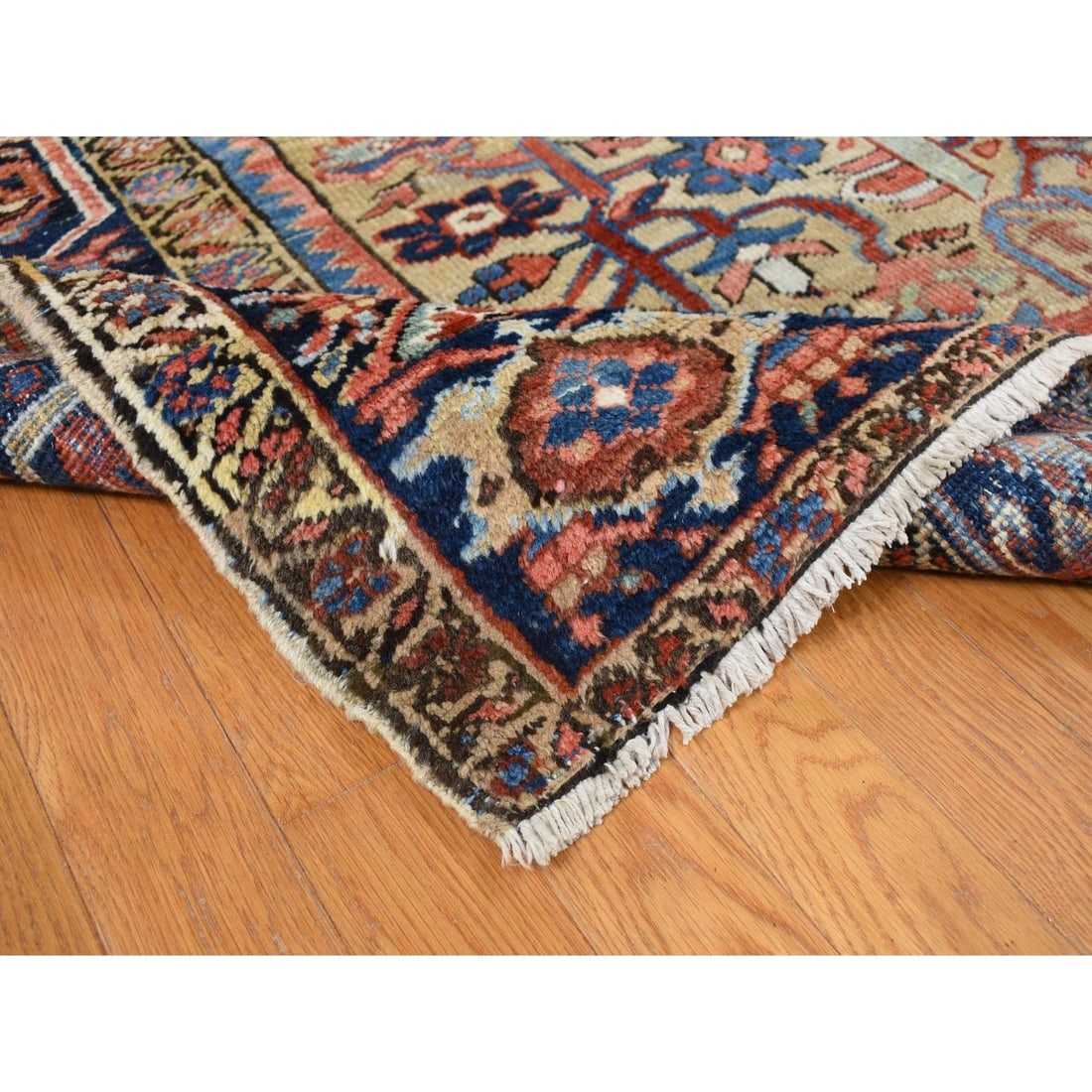 Beige, Antique Persian Heriz Pure Wool, Hand Knotted Rug - 5
