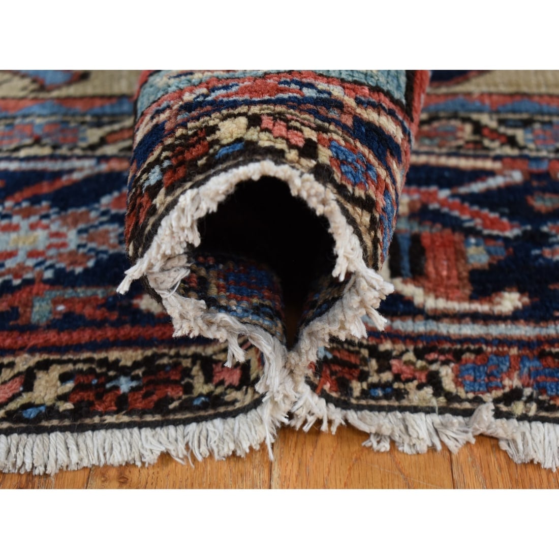 Beige, Antique Persian Heriz Pure Wool, Hand Knotted Rug - 6