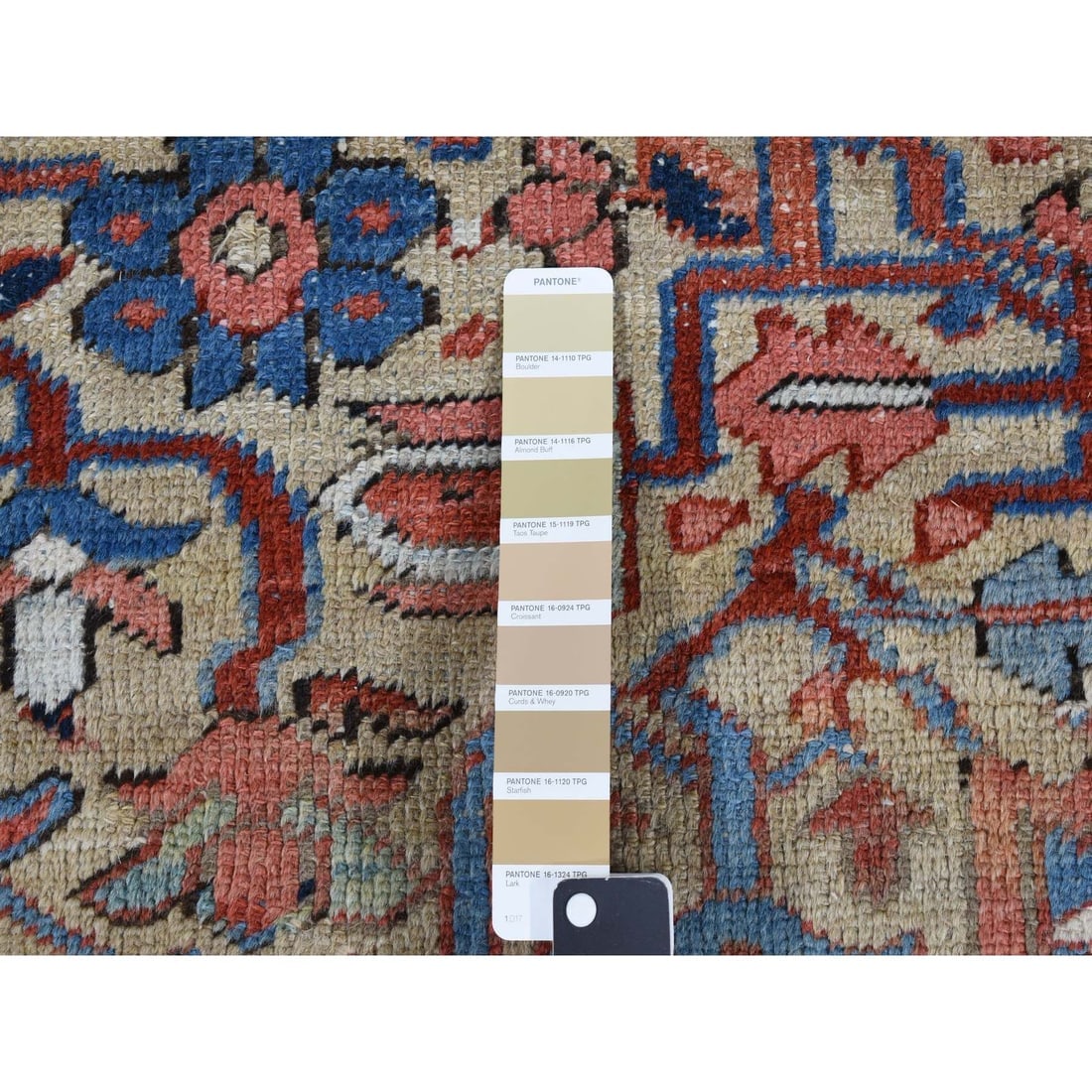 Beige, Antique Persian Heriz Pure Wool, Hand Knotted Rug - 7