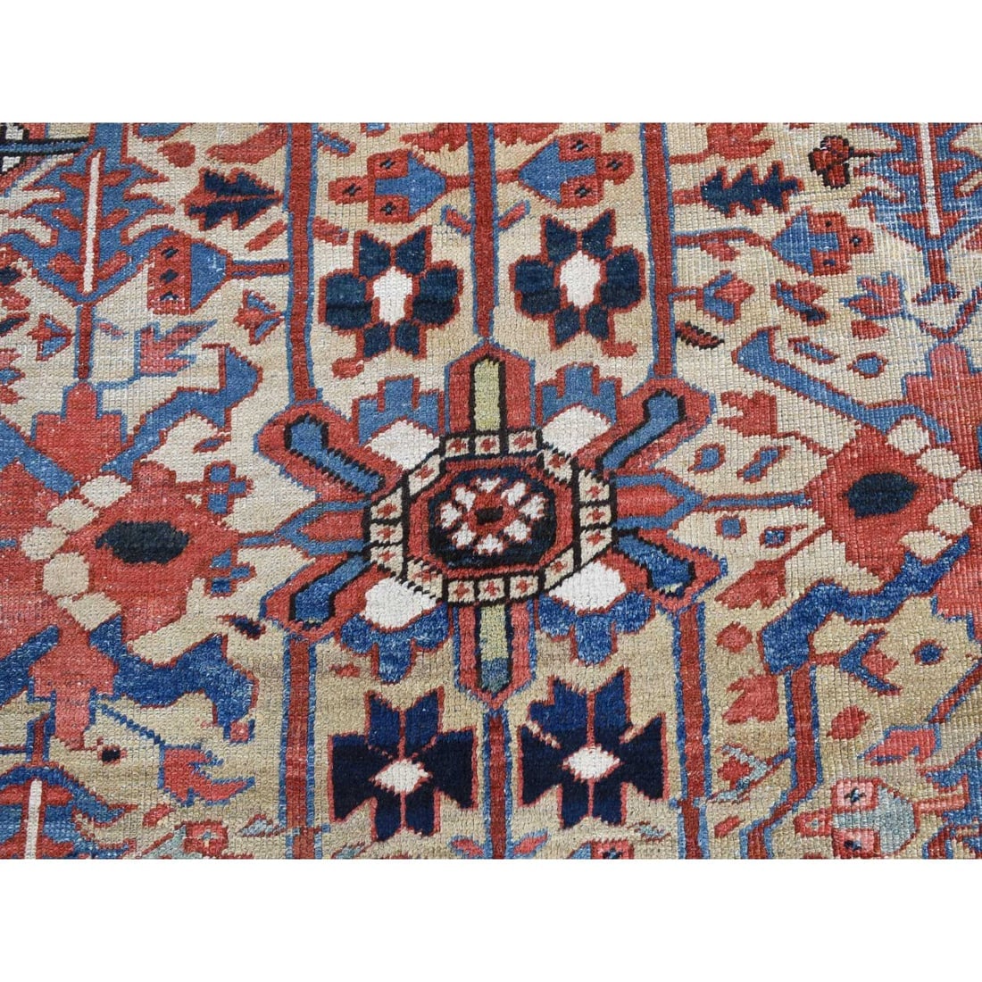 Beige, Antique Persian Heriz Pure Wool, Hand Knotted Rug - 8