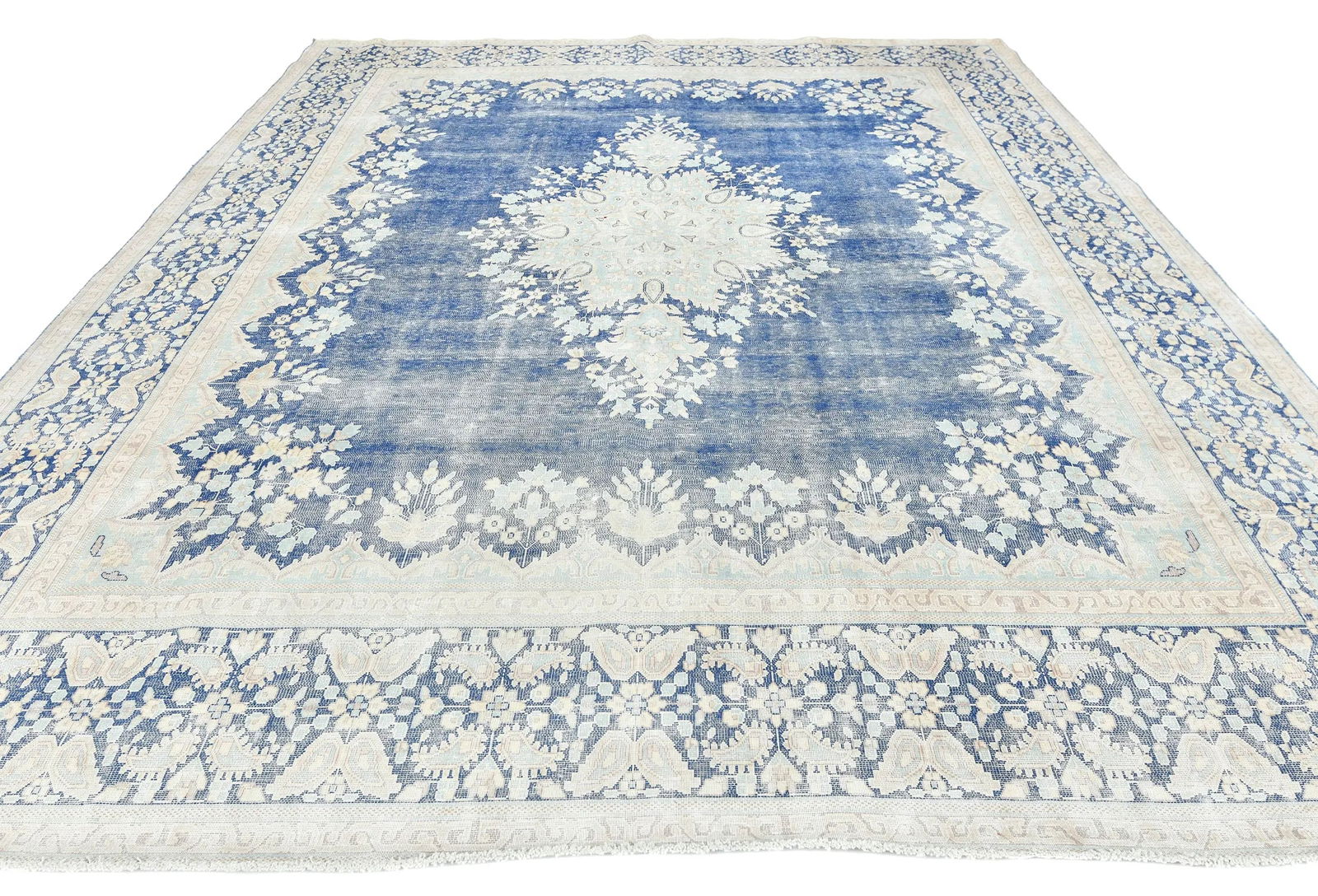 Antique Muted Blue Floral 10X12 Distressed Vintage Oriental Rug - 2