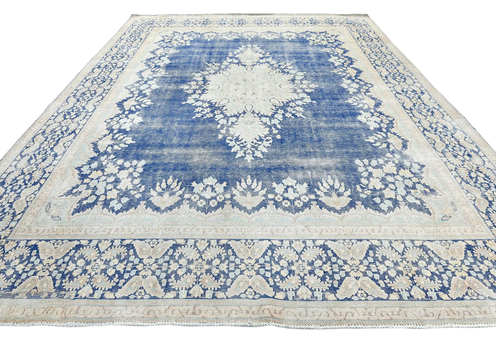 Antique Muted Blue Floral 10X12 Distressed Vintage Oriental Rug - 8