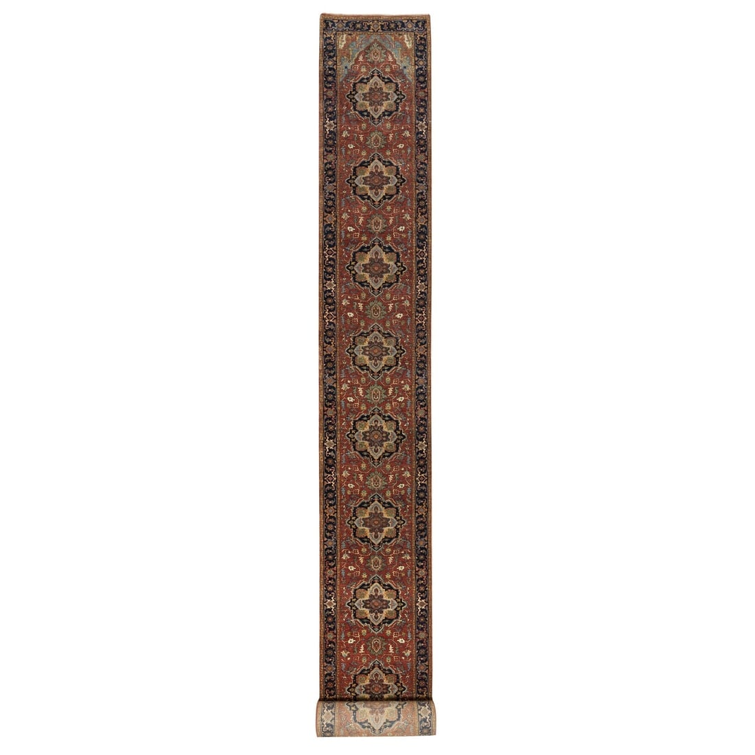 Brick Red Hand Knotted Antiqued Fine Heriz Re-Creation Wool Runner Rug: Title: Brick Red Hand Knotted Antiqued Fine Heriz Re-Creation Wool Runner RugDescription: This is a truly genuine one-of-a-kind. It has been Knotted for months and months in the centuries-old weaving
