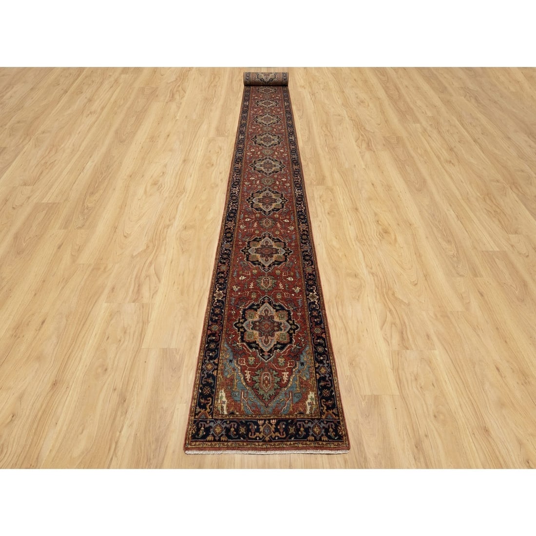 Brick Red Hand Knotted Antiqued Fine Heriz Re-Creation Wool Runner Rug - 2