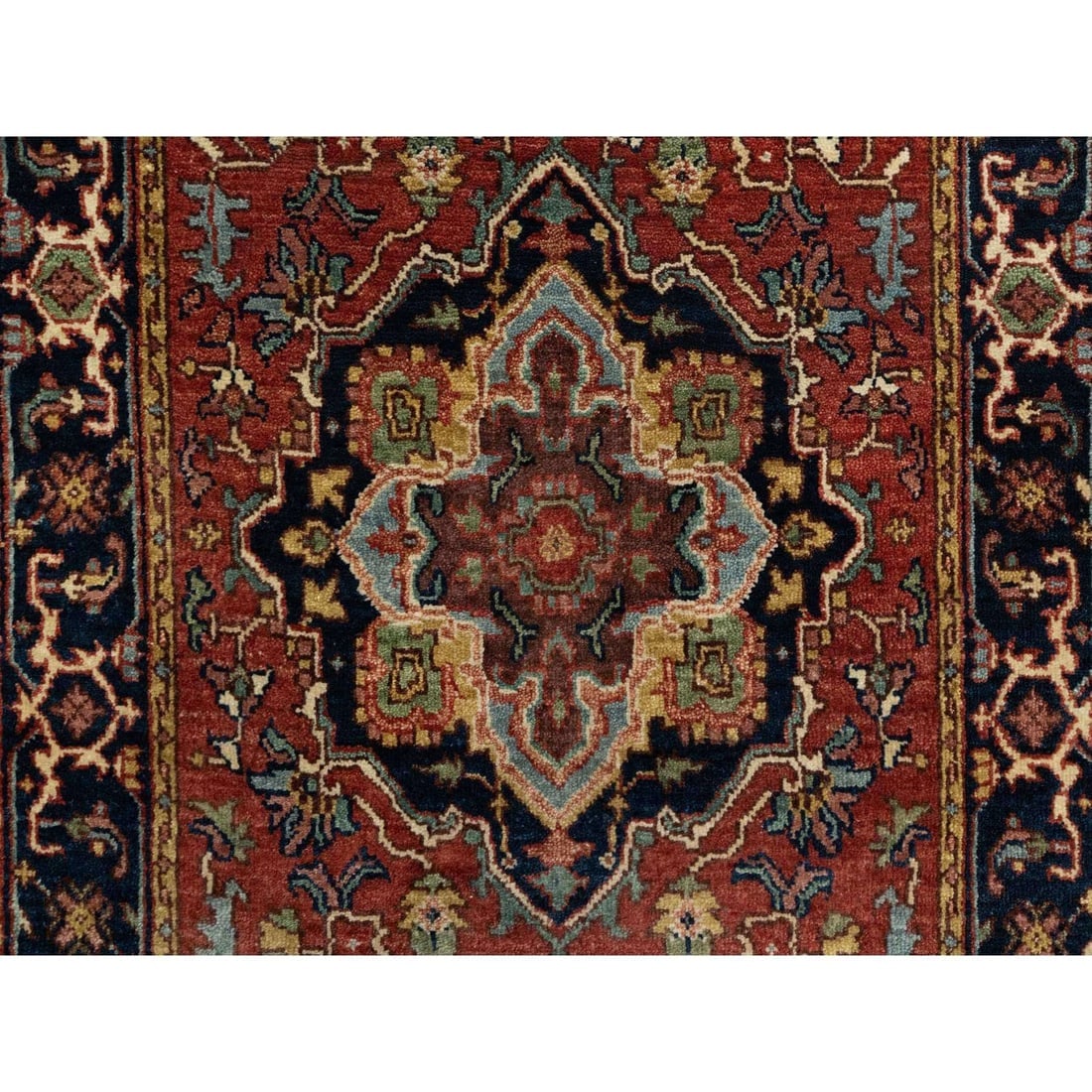 Brick Red Hand Knotted Antiqued Fine Heriz Re-Creation Wool Runner Rug - 5