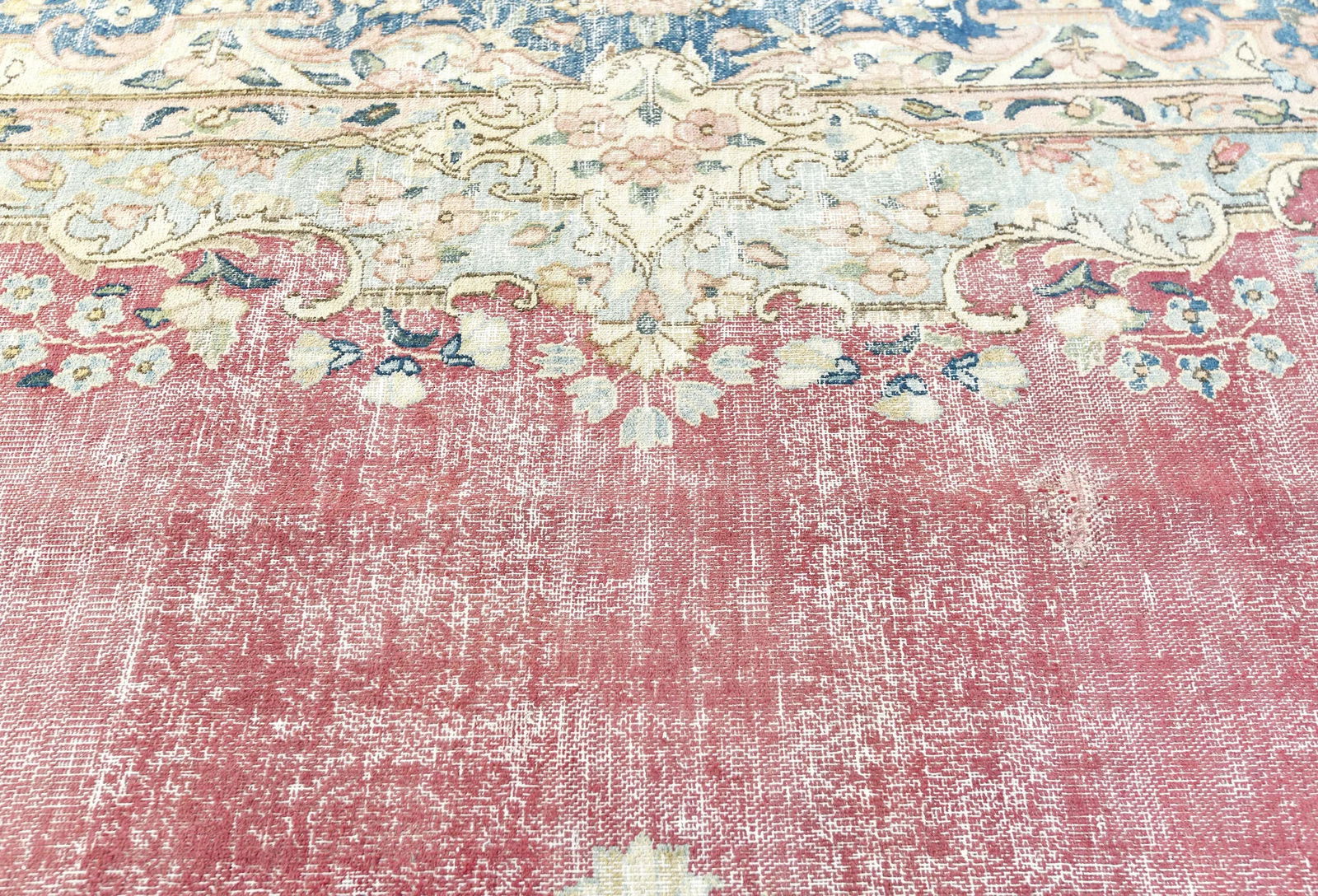 Antique Muted Red Floral 9X12 Distressed Vintage Oriental Rug - 7