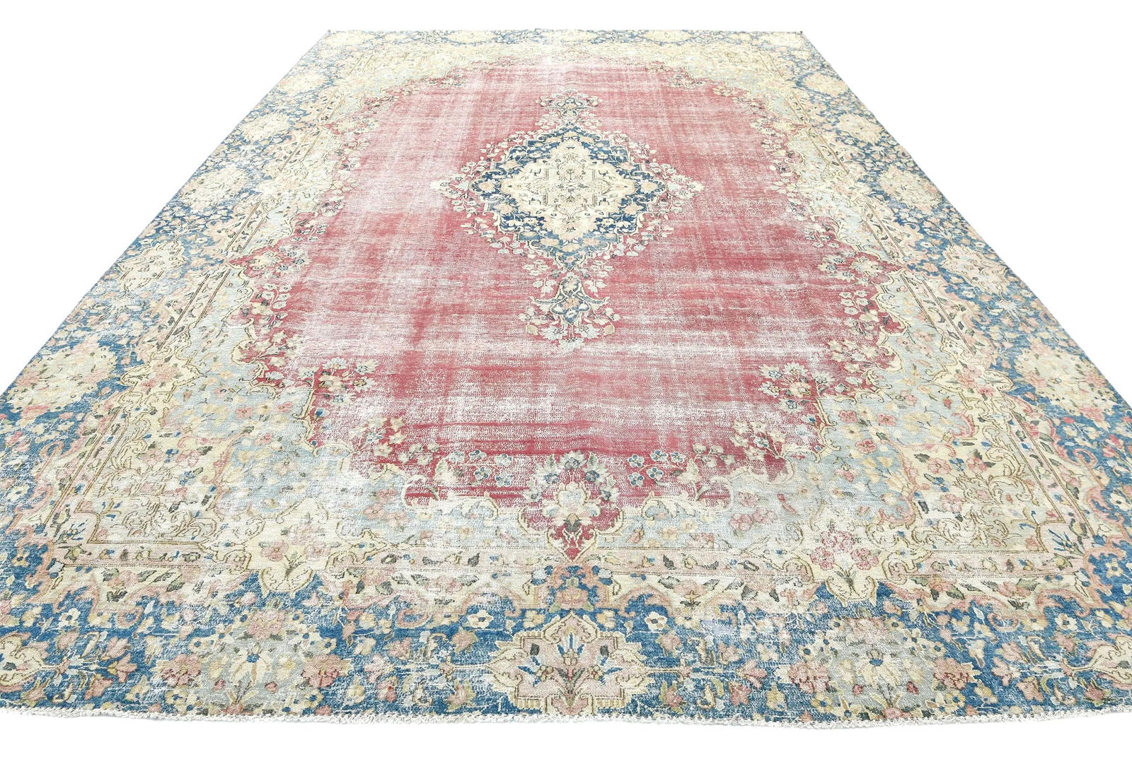 Antique Muted Red Floral 9X12 Distressed Vintage Oriental Rug - 9