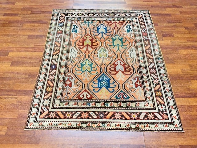 Antique shild design Gendje rug-2220: Title:Antique shild design Gendje rug-2220 Description:Antique shild design Genge rug from central Caucasian, size 4 ft. 2 inches by 5 ft. 2 inches, circa 1910, excellent condition with a good pile th