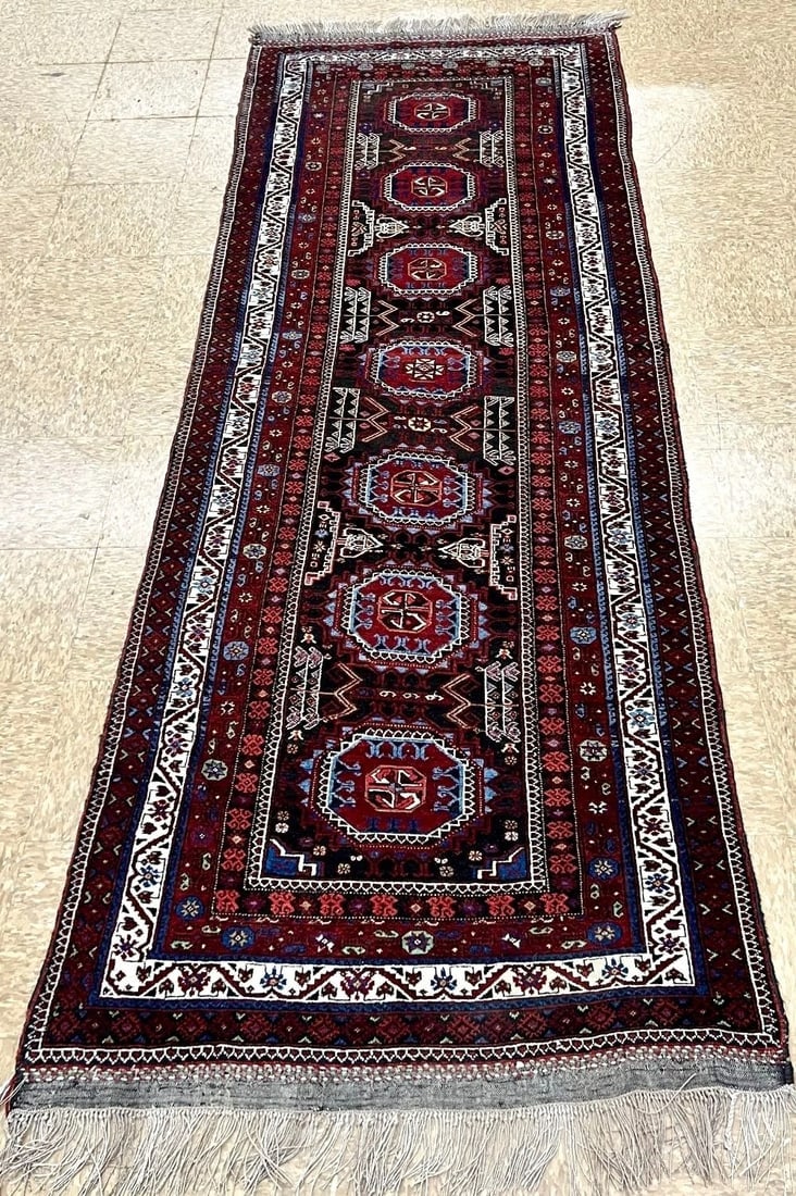 Hand-Knotted Antique Persian Balouch Tribal Runner Wool Rug 3'5" x 9'5" - 4